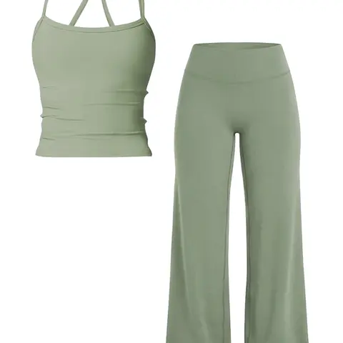 Women's Solid Color Sporty Tank Top and Long Pants Set, Summer Comfortable Yoga, Casual Slim-Fit Mid-Waist Clothing Set, Fashion Summer Sportswear, Activewear Set