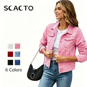 Scacto Summer Style Women's Denim Jacket, Long Sleeve Button Down Slim Fit Lapel Jean Jacket for Women Casual Fashion Distressed Denim Jacket Oversized