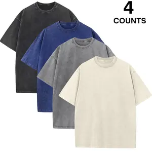 4 Pack Vintage Washed T-Shirt Men Women Unisex 100% Cotton Acid Wash Blank Tee Shirt Heavyweight Oversized Drop Shoulder Streetwear Short Sleeve Plain Crewneck Top Grunge Aesthetic Casual Clothes Bulk Bundle Multipack Size