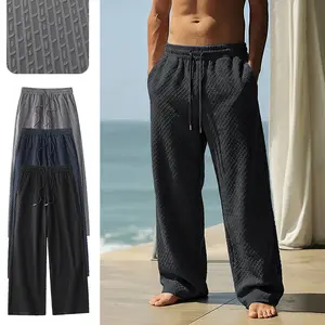 1-pack textured drawstring casual pants for men — jacquard long pants for summer, straight cut with a drapey feel and wide legs, athletic style