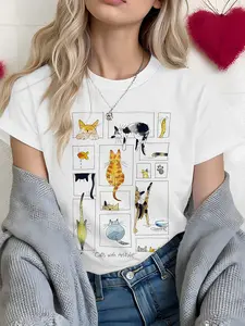 Women's short-sleeved cotton T-shirt, pattern printing | Multiple cats in funny poses, fresh hand-painted style, eye-catching single item for daily wear, casual round neck, micro-elastic fabric, regular length