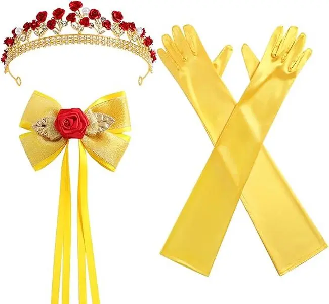 3-Piece Princess Accessories Set for Adults - Rhinestone Pearl Rose Tiara, Yellow Hair Bow, and Long Gloves for Halloween Cosplay, Party, Holiday, Crown 6X5", Flower, Hair Bow 6", Gift, Plastic, Polyester, Three Pieces