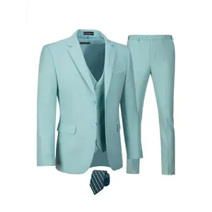Elegant Men's Slim Fit 3pcs Suit Set in Light Blue - Polyester Blazer Jacket with Lapel Collar, Matching Vest & Pants, Long Sleeves - Perfect for Business Casual, Dry Clean Only
