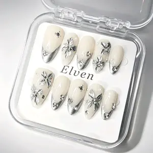 Handmade Cream White Press On Nails - Silver French Tip with 3D Metal Flower & Rhinestone, Medium Length Almond Reusable Fake Nails, Salon Quality