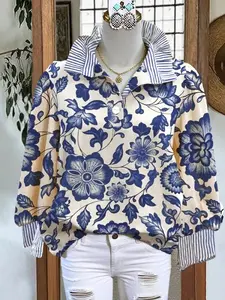 Women's Casual Fall Winter Loose Floral Striped Patchwork V-Neck Button Long Sleeve Blouse Shirt, Comfortable Fashion Top for Daily Wear