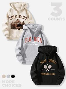 men's letter graphic print half zip up fuzzy hoodie, regular fit casual comfy thermal lined long sleeve hooded sweatshirt for fall & winter, men's clothes for daily wear