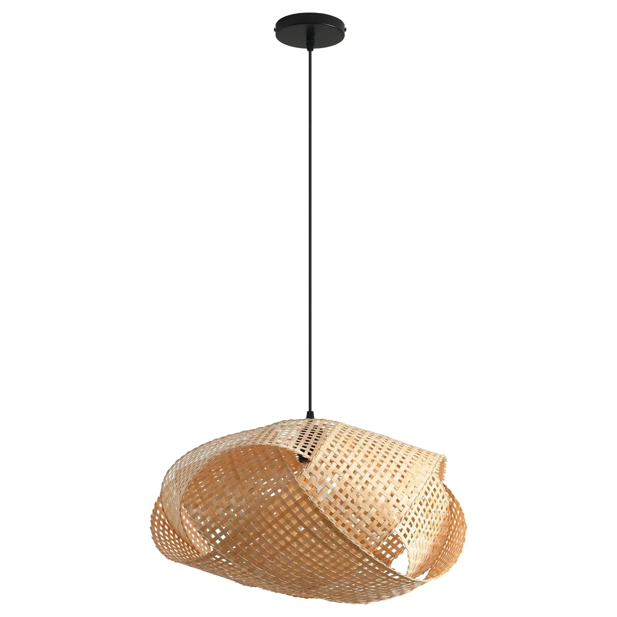 20" Upton Bohemian Handwoven Bamboo Island Pendant Light, Natural Woven Bamboo Home Decor Hanging Lamp