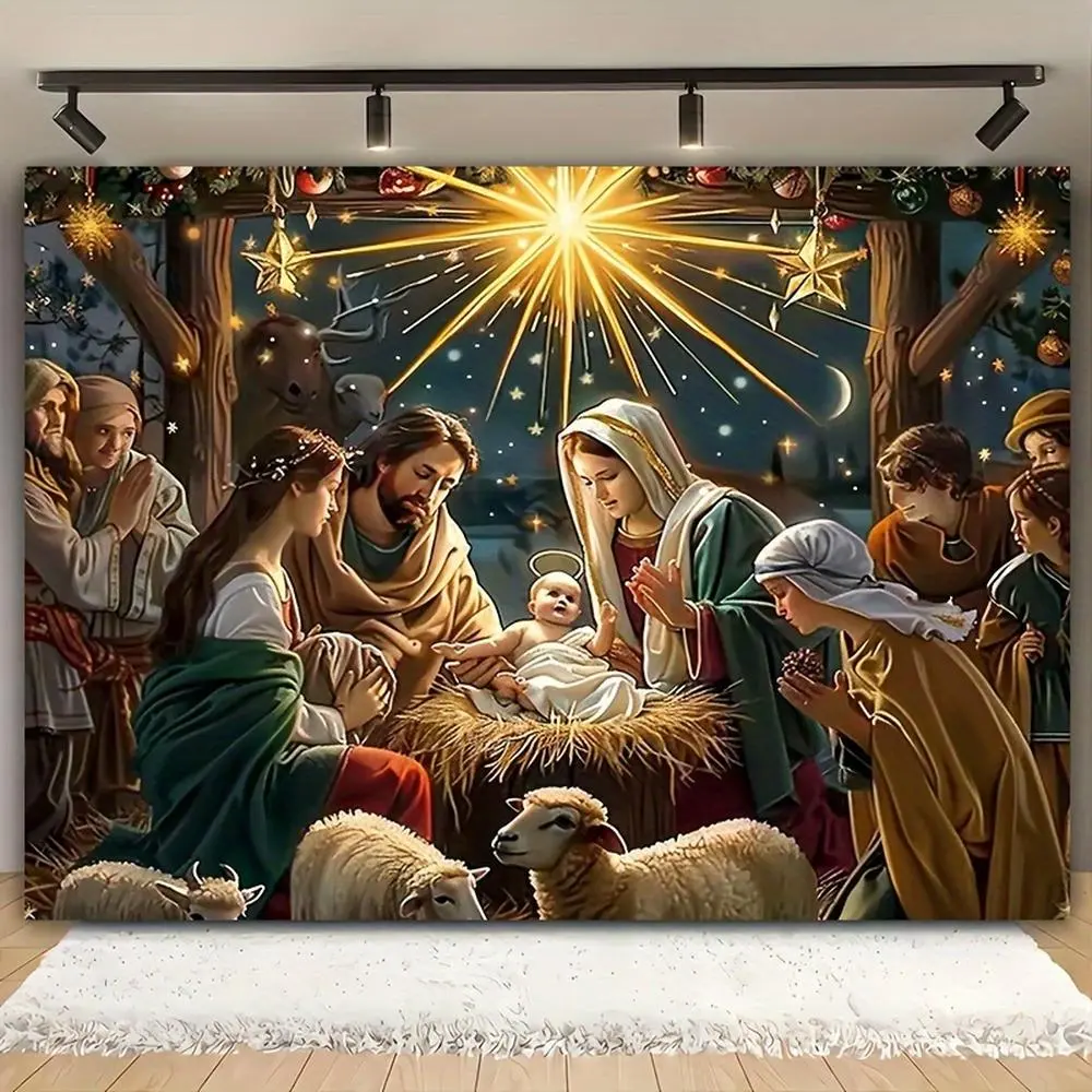 1pc Durable Polyester 2D Flat Glam Christmas Nativity Wall Hanging Banner - Winter Night Theme with Sheep, Light, Stars, Baptism Elements, Indoor Party Decorations Banners, Living Room Backdrop