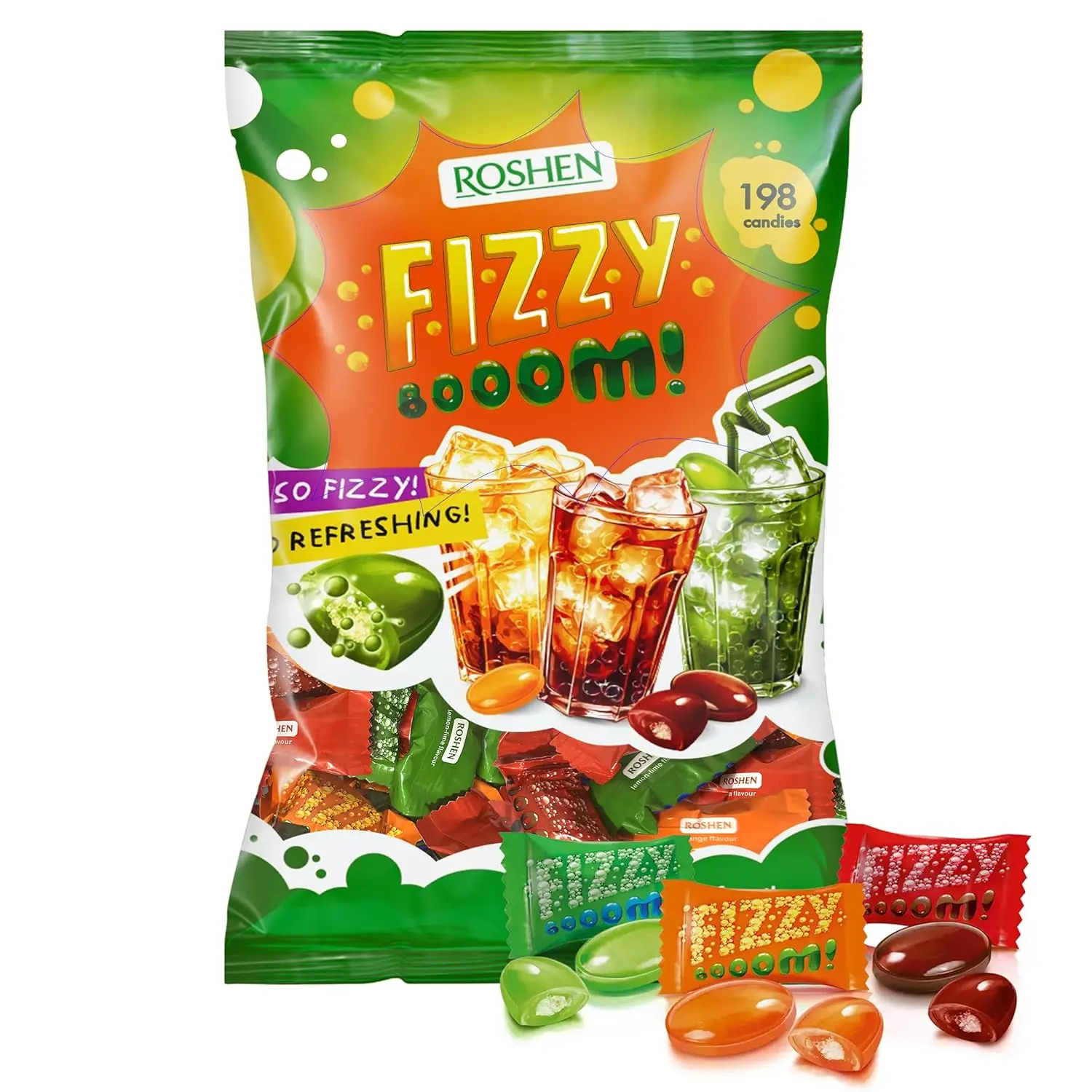 Roshen Fizzy Boom Candy \u2013 2.2 lb Bulk Bag of Fizzy Hard Candies, Assorted Zesty Orange, Cola & Lemon-Lime Flavors \u2013 Retro Sour Candy, Individually Wrapped, Kosher, Halal, Hard Candy with Fizzy Center