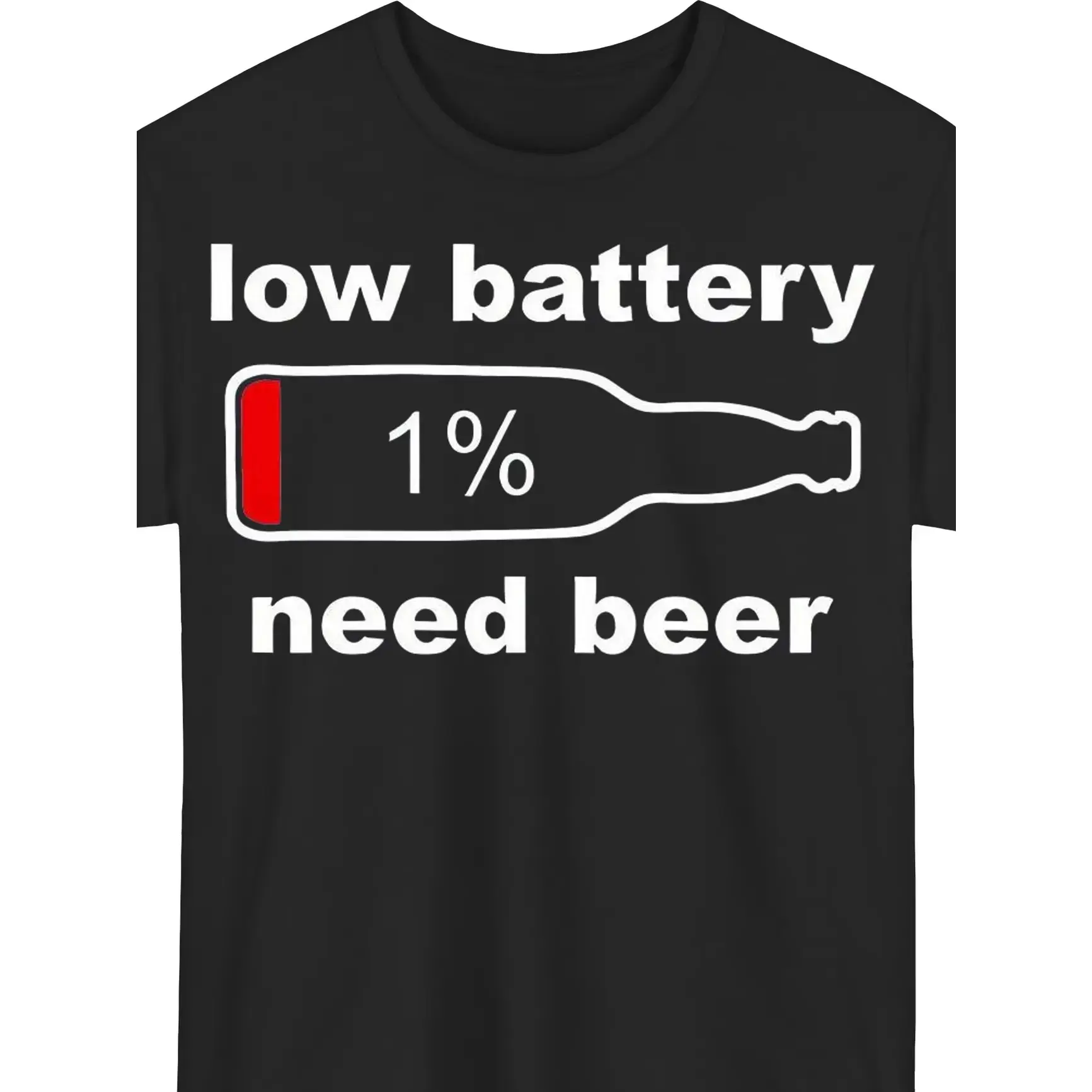 Men's Funny Low Battery 1% Need Beer Graphic T-Shirt - Dark Green Casual Crew Neck Short Sleeve Tee, Humorous Tech Icon Design for Casual Attire & Parties, Machine Washable Shirt