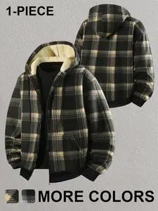 Men's Plush Checkered Jacket, Casual Fleece Lined Outerwear, Stylish Winter Coat for Men, Comfortable and Warm Clothing