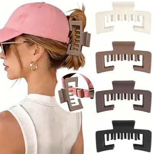 4PCS Hat-Friendly Hair Claw Clips for Women, Square Hat Claw Clip Minimalist Style, Strong Hold Non Slip Jaw Design for Thick and Thin Hair, Daily Wear Travel Baseball Cap Hairstyles