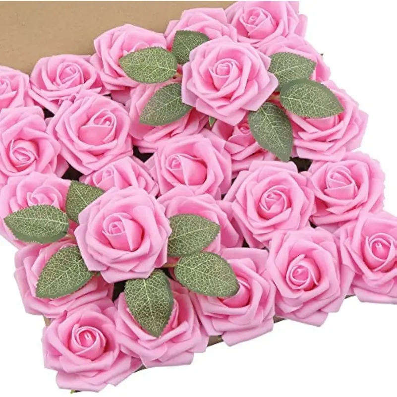 50pcs Real Touch Artificial Roses with Stems - Rose Flowers, Plastic Foam Roses Suitable for DIY Wedding Bouquets, Baby Shower Centerpieces, Valentine' Day, Home & Party Decor - Pink Roses (No Vase Included)