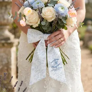 Custom Wedding Bouquet Sash, Floral Printed Ribbon, Personalized Monogram Ribbon