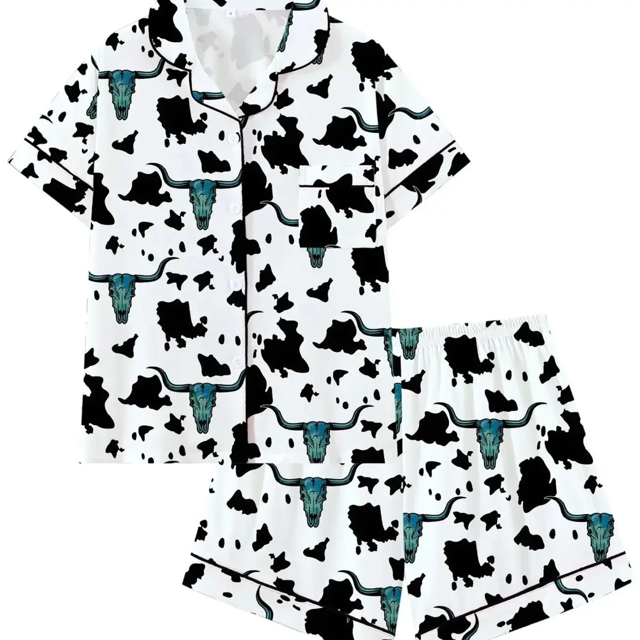 Aesthetic Cow & Turquoise Steer Skull Pattern Pajama Set, Summer Sleepwear, Soft Short Sleeve Button Down Top & Shorts Set, Western Style 2-Piece PJs, All Season Loungewear, Fun Nashville Bachelorette Nightwear, Loungewear