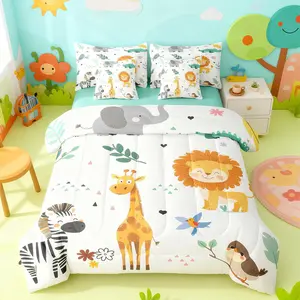 Cute Wild Animals Comforter Set,With Sheets,Cartoon Giraffe Lion Zebra 7 Pcs Bed In A Bag,Lovely Zoo Animanl Flowers Bedding Set