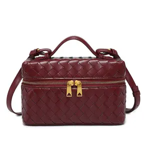 Top-Handle Pouch Handbag for Women Woven Leather Vanity Case Designer Crossbody Bag Quiet Luxury Trendy Purse