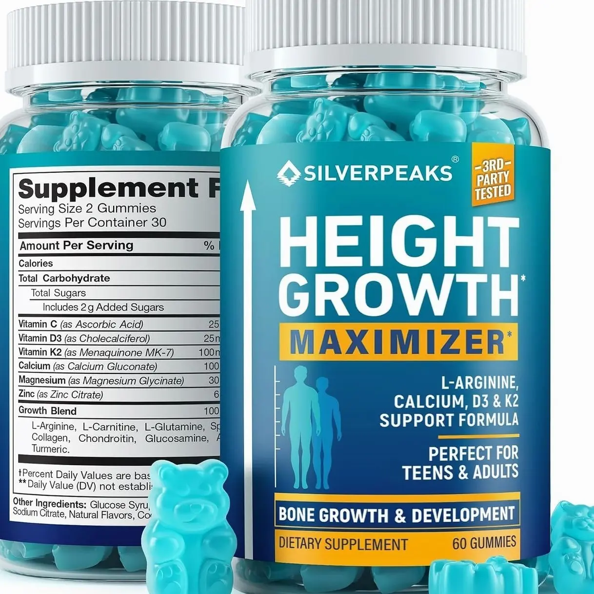 SILVERPEAKS Height Growth Gummies for Kids, Teens & Adults - Height Growth Maximizer Supplement with Calcium, Vitamins D3 & K2, Magnesium, Zinc for Bone Strength & Height Increase - 60 Gummy Chews