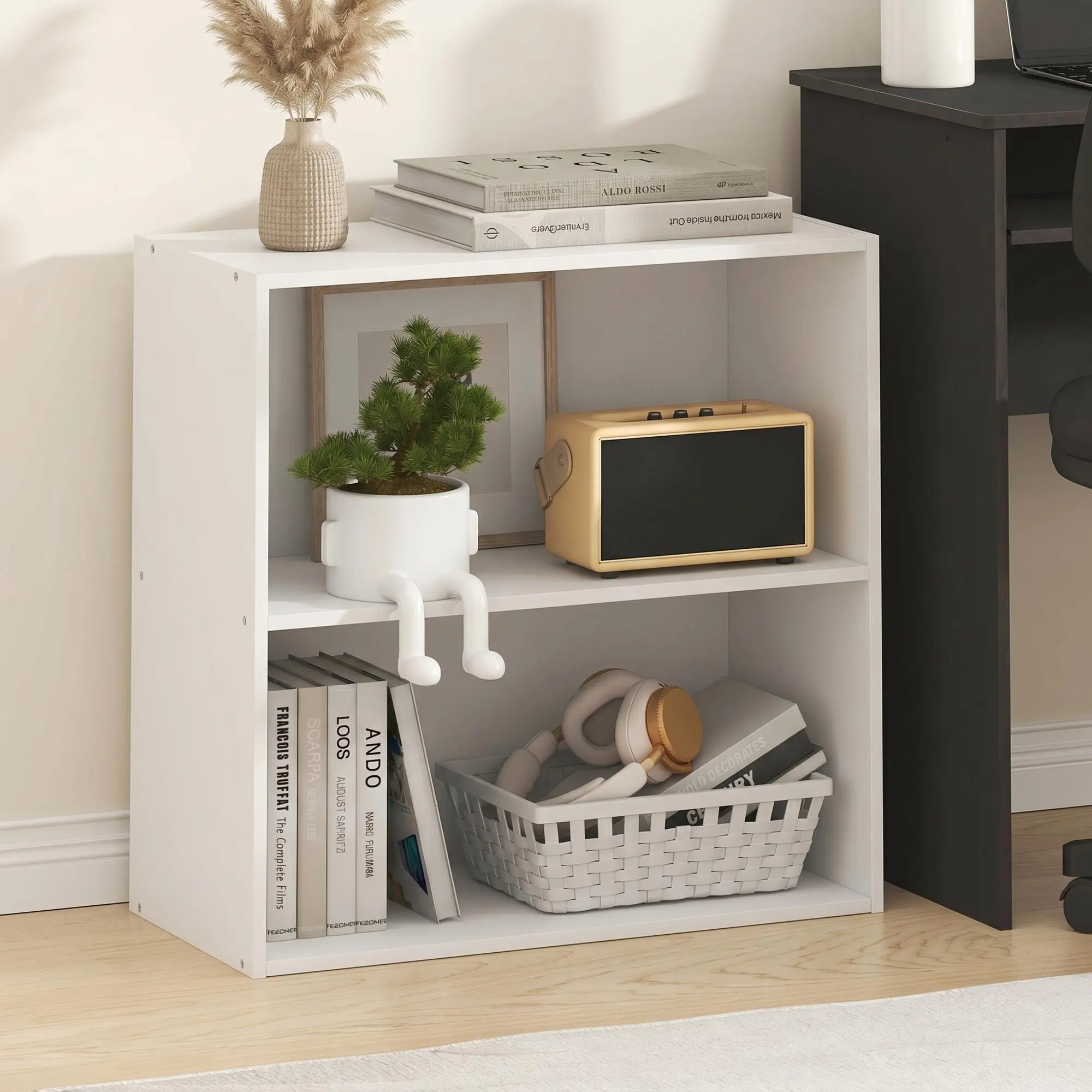 PASIR Rectangular 2-Tier Open Shelves Bookshelf, 11.1x24.6x23.7in Small Size Space-Saving Furniture, for Living Room, Home Office, White Indoor Room Divider & Home Organization