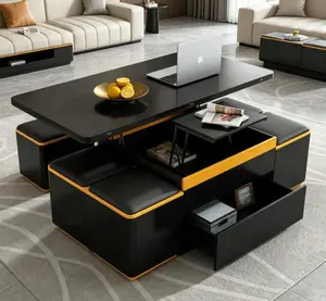 VIBE HAUS Lift-Top Coffee Table with Storage Stools - Modern Foldable Top Adjustable Multi-Functional Center Table for Living Room