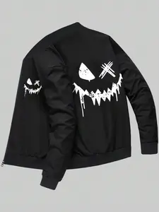Men's Casual Rave Jacket Zipper Sportswear Coat, Geometric Pattern, Spring & Fall Fitted Design, Stand Collar Bomber Style, Casual Style Outerwear