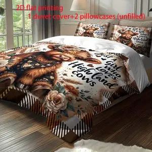 3-piece Cute Countryside Highland Cow Quilt Set, Decorative Bedding Set, including 1 duvet cover and 2 pillowcases (unfilled), comfortable and peaceful to sleep in, bedroom decoration, perfect gift for animal lovers, Bed Sets Supplies