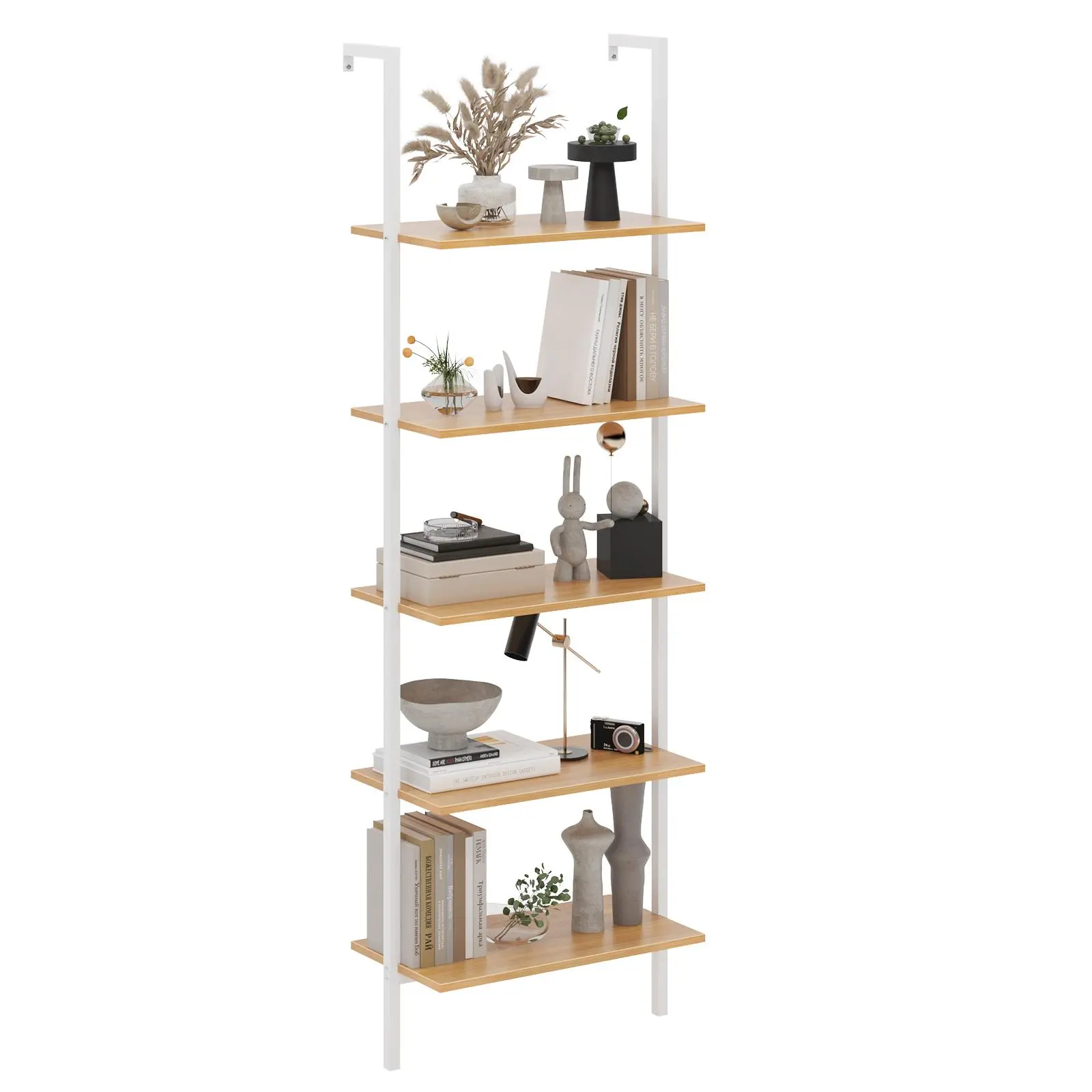 5-Tier Wall Shelf with Desk - White & Teak Storage Rack, Space Saving Floating Shelves with Tabletop for Home Office, Bathroom & Living Room Organization