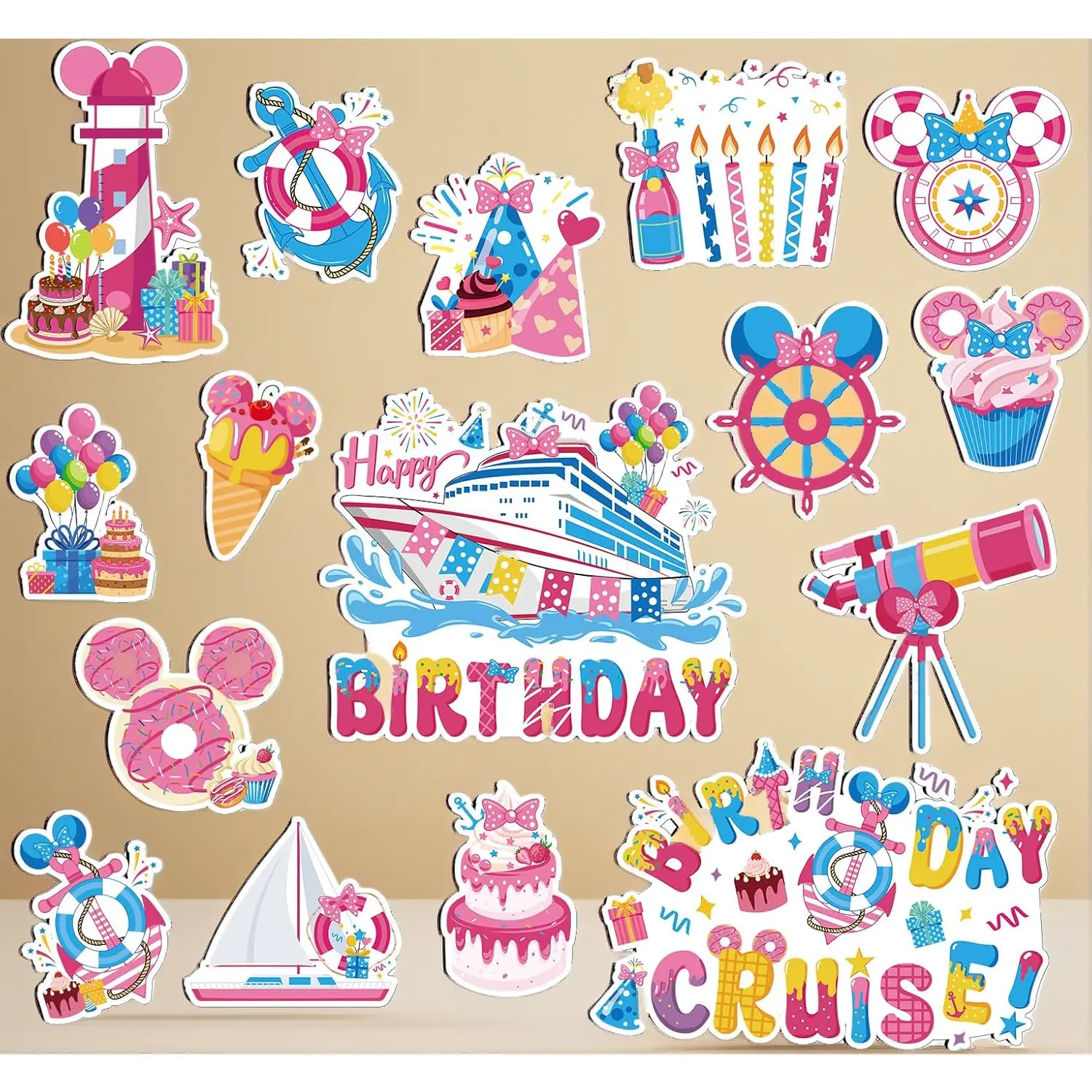 16-Pack Pink Mouse Motif Magnetic Door Decorations, Funny Theme Cruise Ship Cabin Stateroom Accessories for Birthday Party, Carnival Party Refrigerator & Car Decor, Party Decorations