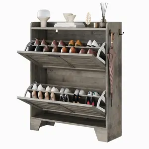 Garvee Narrow Shoe Cabinet for Entryway, Slim Shoe Cabinet with 2 Flip Drawers, Farmhouse Thin Shoe Organizer Cabinet with Hooks for Entrance, Hallway, Front Door, Gray