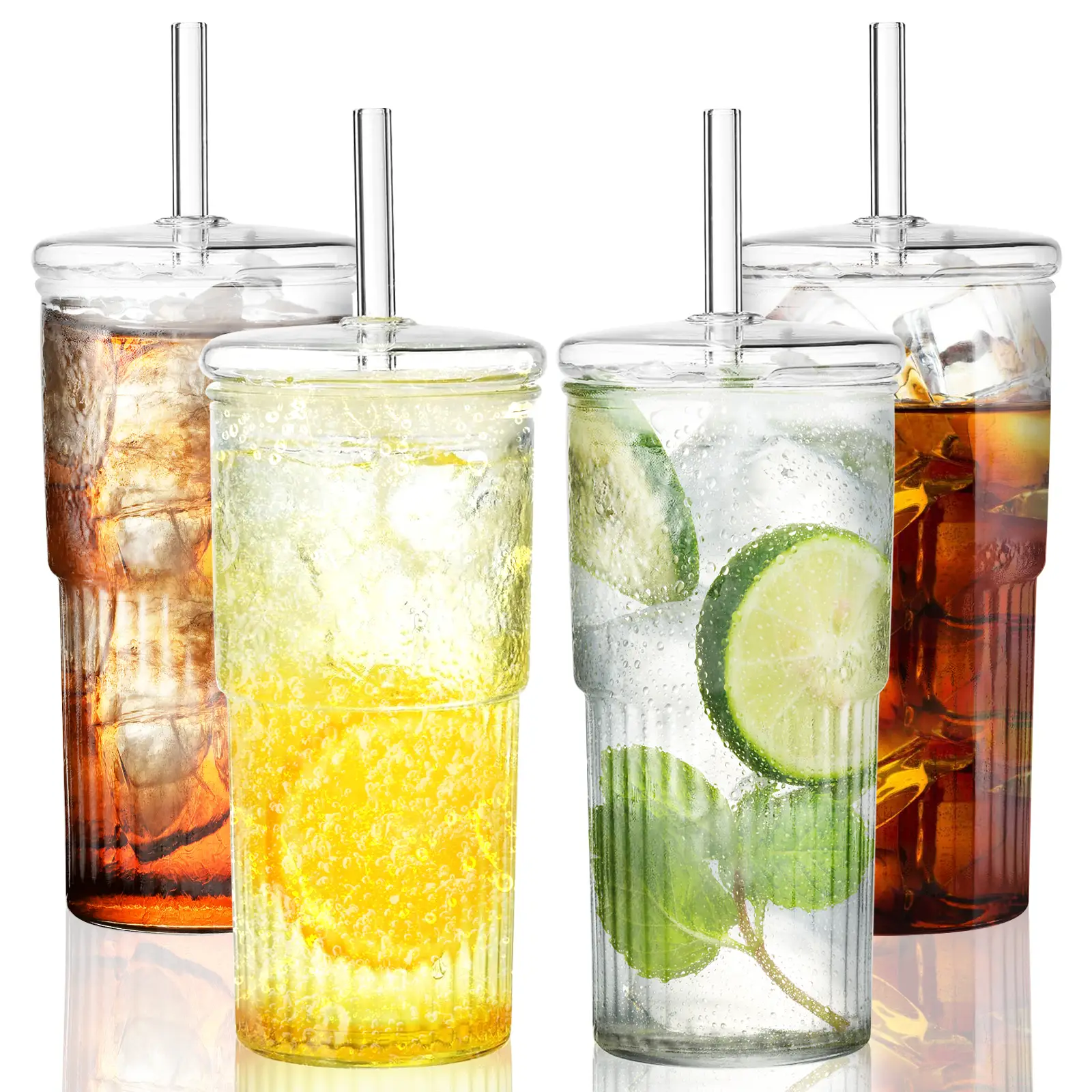 4 Packs 20oz Glass Cups Set With Lids and Glass Straws Drinkware, Coffee Glasses, Bottles, Tumblers and Mug, Birthday Gifts for Friends and Family