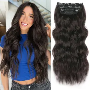Clip in Synthetic Hair Extensions Long Wavy 4PCS Thick Hairpieces Dark Brown Fiber Double Weft Natural Hair Extensions 20 Inch 6.7oz for Womeno