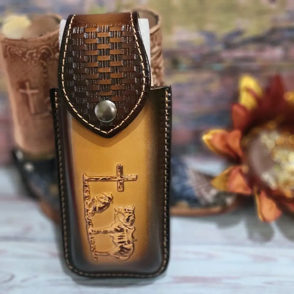PRAYING COWBOY LEATHER SHEATH WITH BELT LOOP FOR 5.75" FOLDING POCKET KNIFE HANDMADE GENUINE LEATHER HANDPAINTED