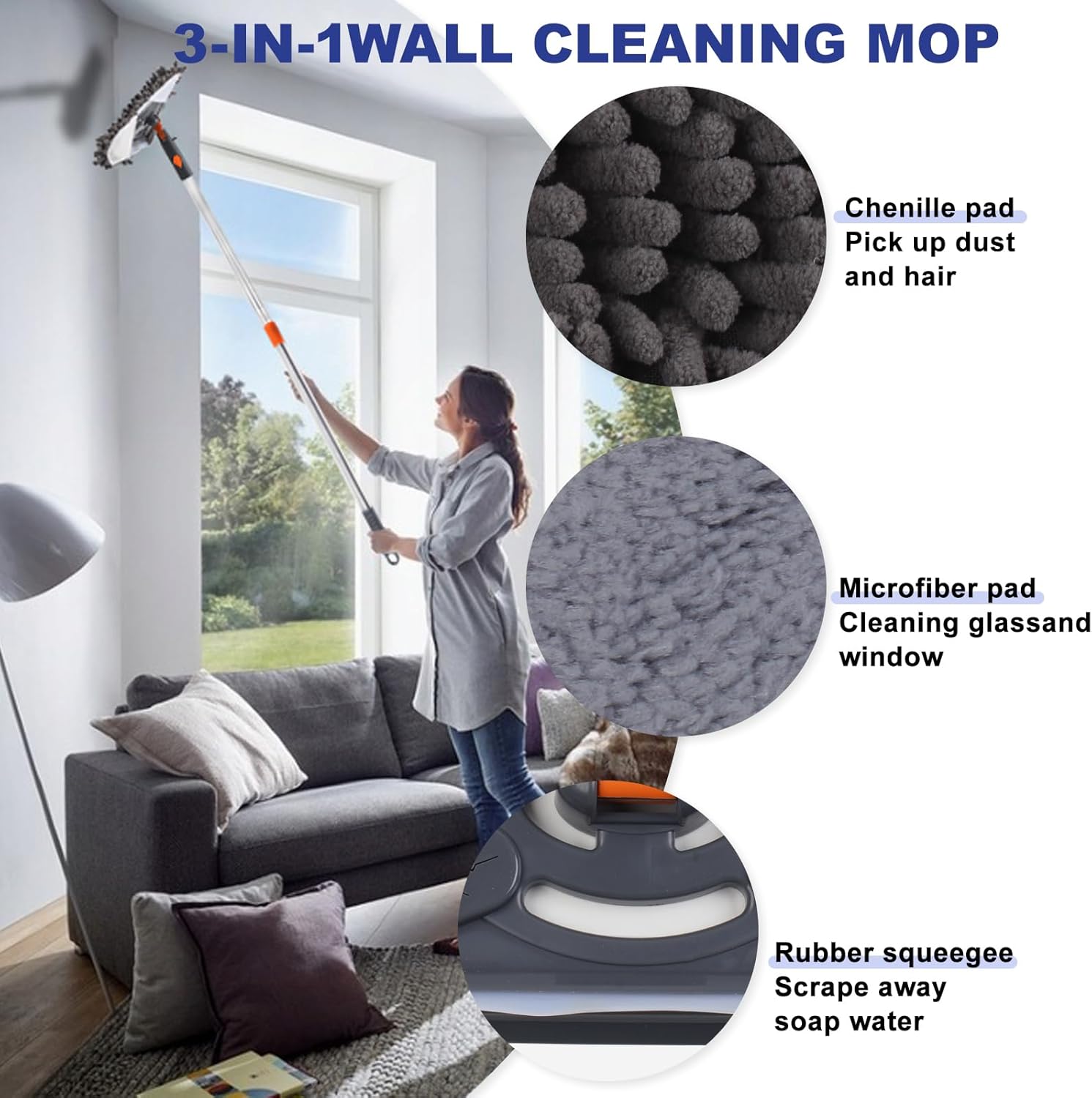 Wall Cleaning Mop with 85-Inch Adjustable Handle for Walls Ceiling Fans Dust Baseboards Floors Includes Dusting Brush Scraper 6 Replacement Pads Microfiber Chenille Pads