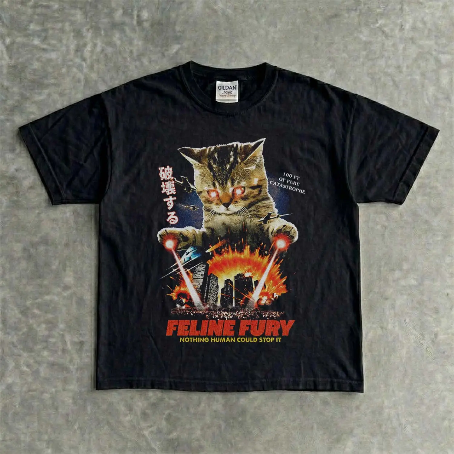 Women's Feline Fury Cat Meme Short-Sleeve Round Neck Casual T-Shirt, Funny Laser Eyes Kitty Graphic Top, Chaotic Cat Humor Tee