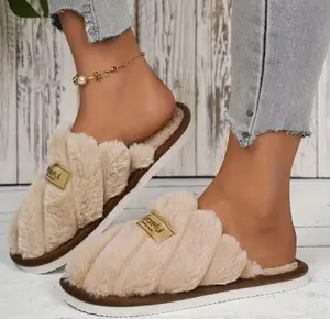 Women's Cozy Elegant Winter Slippers Plush Soft Lining Thickened EVA Sole Comfortable Slip-On Design Golden Strap for Indoor Use