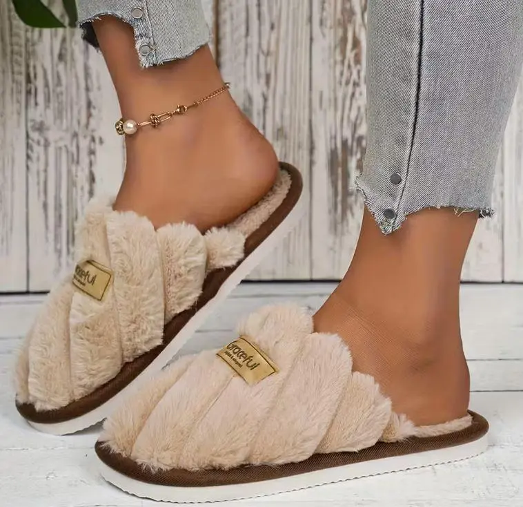 Women's Cozy Elegant Winter Slippers Plush Soft Lining Thickened EVA Sole Comfortable Slip-On Design Golden Strap for Indoor Use