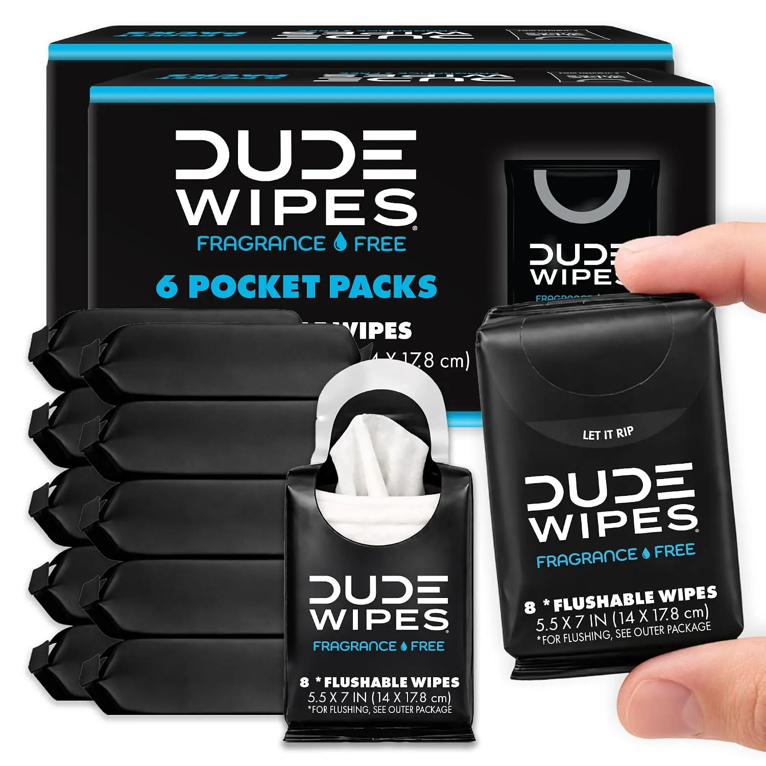 DUDE Unscented Pocket Packs Wipes, Adult Flushable Travel Wipes, 96 Count | 12 pocket packs of 8 flushable butt wipes. Travel essentials. Hypoallergenic, 99% water, vitamin E and aloe. Septic safe.