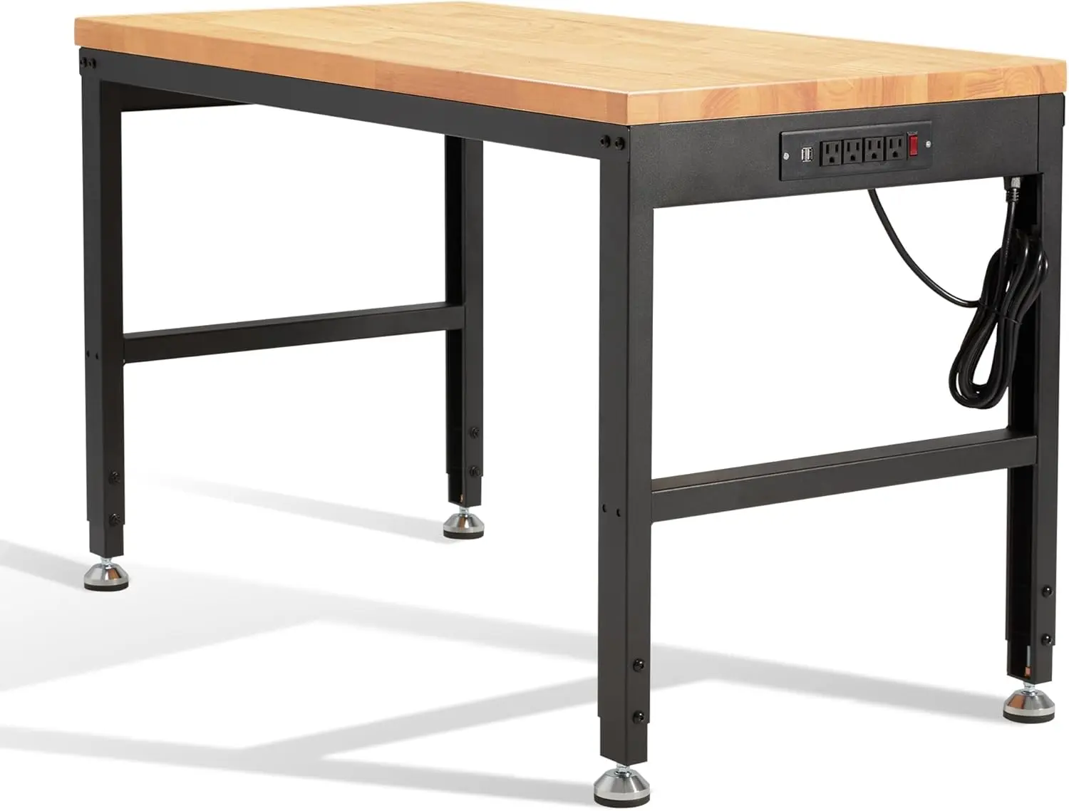 Height Adjustable Heavy-Duty Workbench - 48"x24" Rubberwood Desktop, 2000 Lbs Capacity, Steel Frame, Built-In Power Outlets, Smooth Finish, Simple Setup, Heavy Duty Worktables for Garage, Office