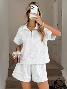Women's New Zipper Half Button Polo Neck Top Set, Casual Loose Fit Commuter Style, Includes Pocket Wide Leg Shorts, Two-Piece