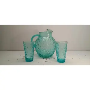 Vintage Anchor Hocking Lido Milano Aqua Ball Pitcher And (2) Tumblers