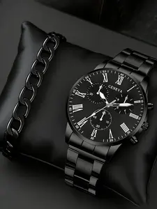 2counts-New Men's Casual Versatile Stylish Quartz Wristwatch with Simple and Versatile Bracelet Jewelry Set, the Best Choice for Daily Wear, Gatherings, Valentine's Day, Parties, Easter, Ramadan, Halloween, Christmas, New Year's Day, and as a Gift