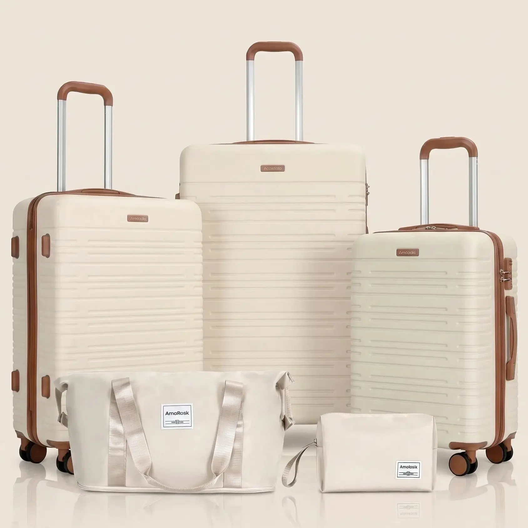 Cream White 5-Piece Hard Shell Luggage Set with 20in/24in/28in Spinners, Travel Bag & Wash Bag, TSA Lock, Synthetic 4-Wheels 360-Rotation, Abrasion-Resistant, Multi-Functional Carry-On ABS Luggage