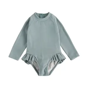 Soft Child's  Swimwear, Long Sleeve Round Neck Back Zipper Ribbed Triangle Crotch Jumpsuit