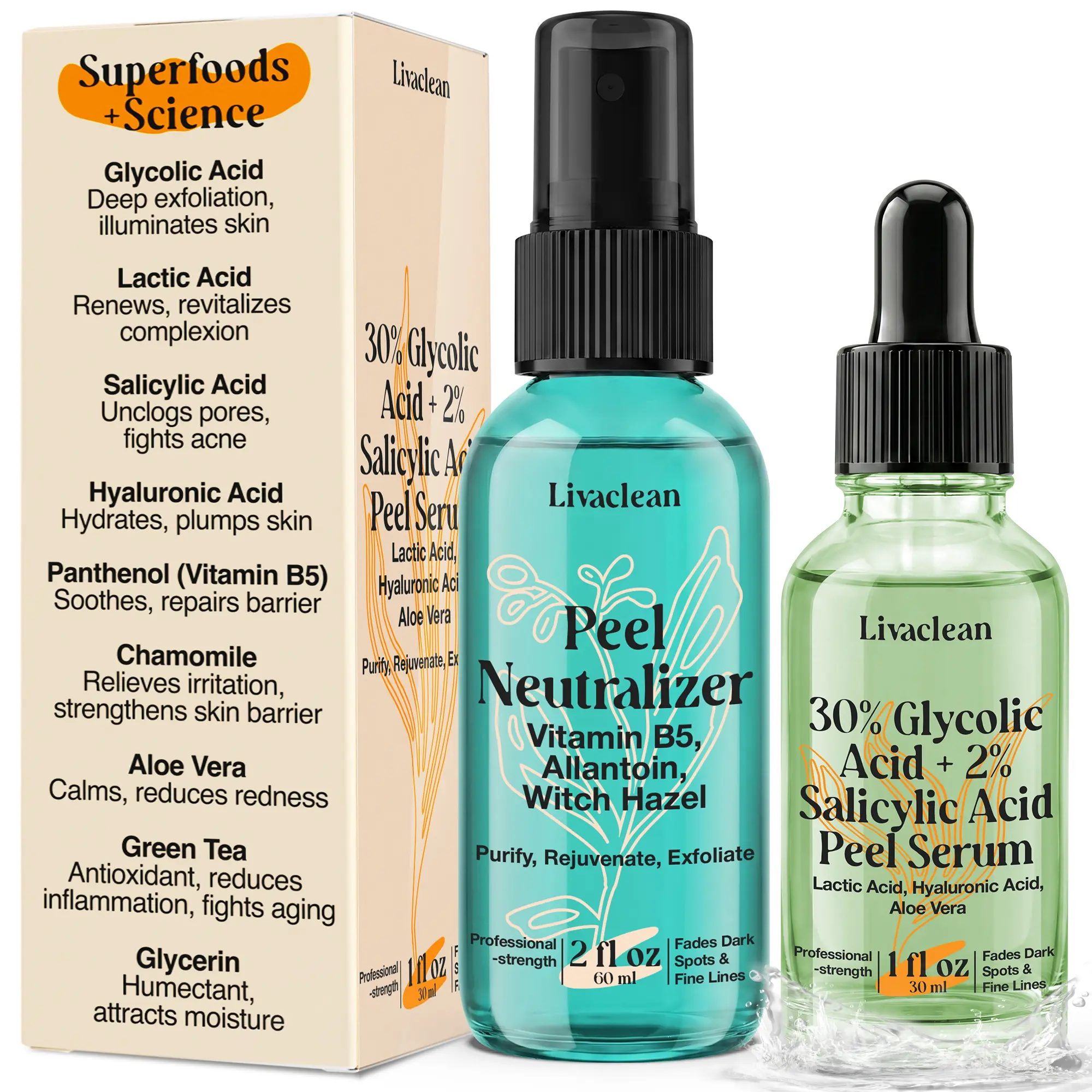 LivaClean At-Home Chemical Peel Kit, 30% Glycolic Acid & Salicylic Acid Serum to Exfoliate for Smoother, Radiant Skin, Gentle Neutralizer Included, Face Care, Paraben-Free