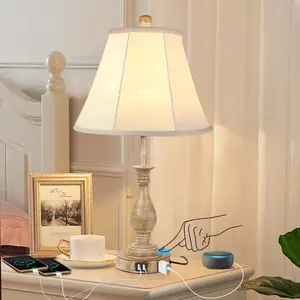 Farmhouse Table Lamp  Control 3-Way Dimmable Table Lamp, Modern Nightstand Lamp with 2 USB Port Bedside Desk Lamp with Fabric Shade for Living Room Bedroom Hotel (Pack 1-Beige Shade)