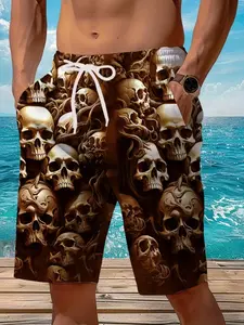 Men's 3D Print Skull Head Summer Beach Pants, Swimming Trunks, Swim Shorts, Adjustable Drawstring Waist, Perfect for Beach and Summer Outings
