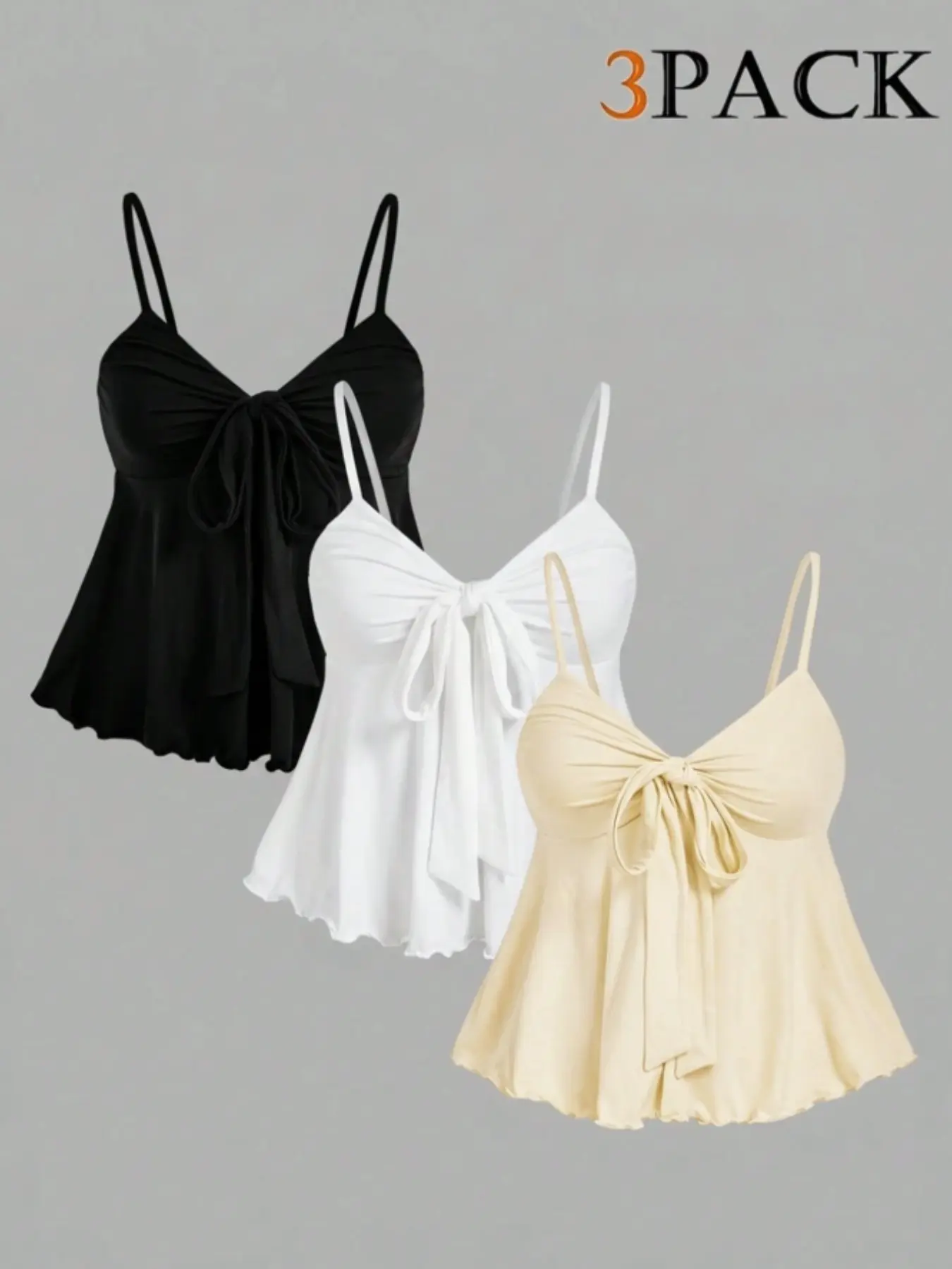 Women's Tank Tops Sleeveless Set of 3, Large Bow Tie Front, Thin Straps, Wavy Hem, Solid, Basic, Casual Summer Wear, Breathable, Lightweight, Comfortable & Stylish, Clothes