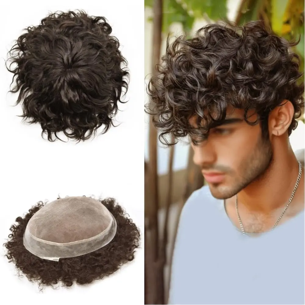 Fine Mono Curly Mens Toupee Human Hair Replacement Systems for Men Hairpiece 20MM 25MM Curl Durable Monofilament PU Skin Wigs