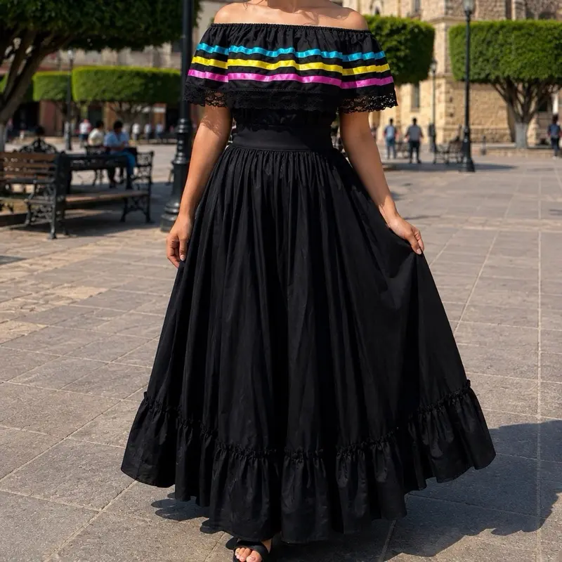 3 piece Mexican Off-Shoulder blouse and skirt folkloriko set