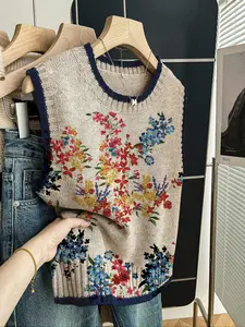 Women's Casual Loose-Fitting Round Neck Sleeveless Knit Top, Deep Blue Color Block Floral Print, Fall & Winter Fashion